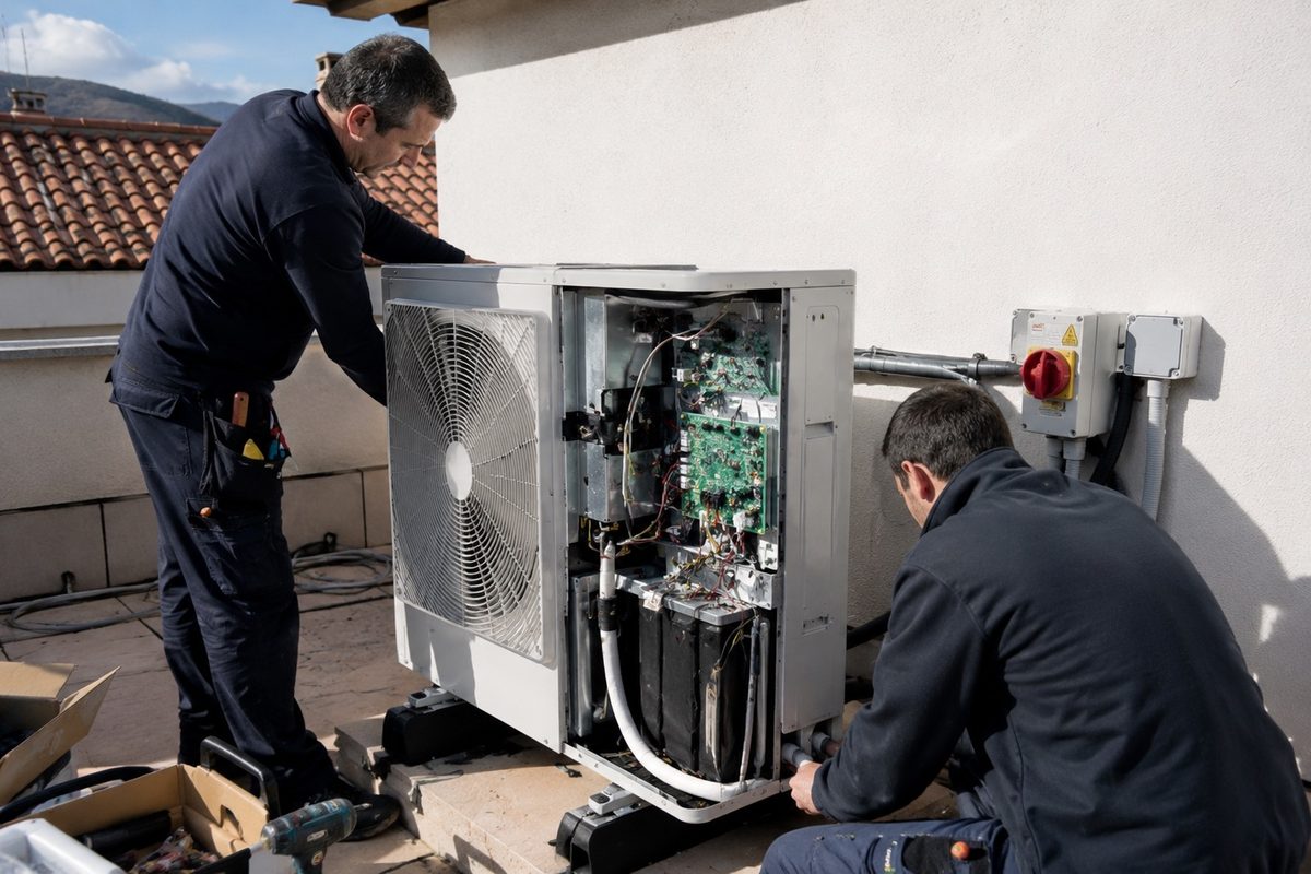 Instalación de aerotermia en vivienda en Sabadell — técnicos trabajando
